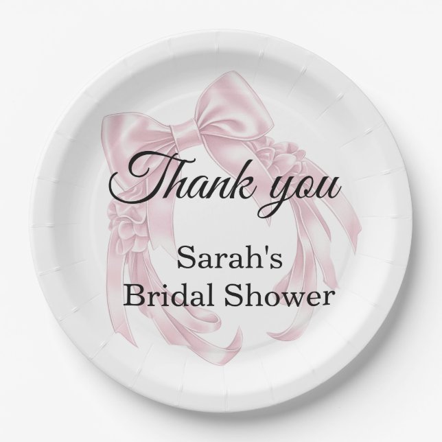 Pink Bow Bridal Shower  Paper Plate (Front)