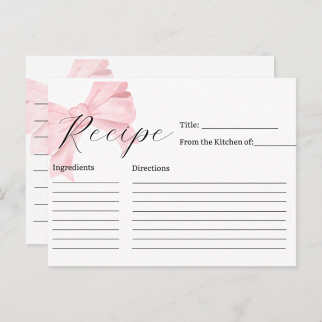 Pink Bow Bridal Shower Recipe Card (Front/Back)