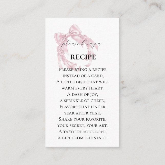 Pink Bow Bridal Shower Recipe Enclosure card (Front)