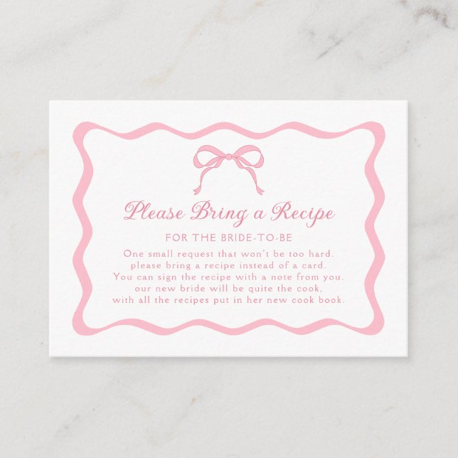 Pink Bow Bridal Shower Recipe Request Enclosure Card (Front)