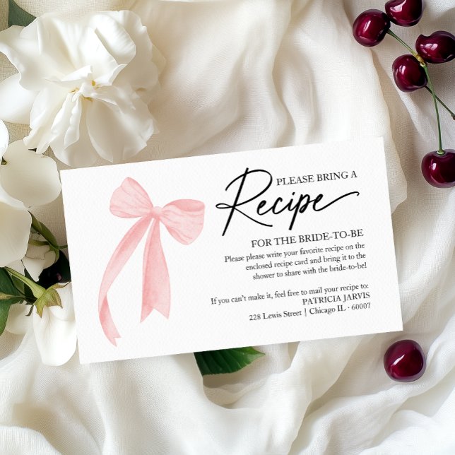 Pink Bow Bridal Shower Recipe Request Enclosure  Card (Creator Uploaded)