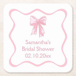 Pink Bow Bridal Shower Square Paper Coaster