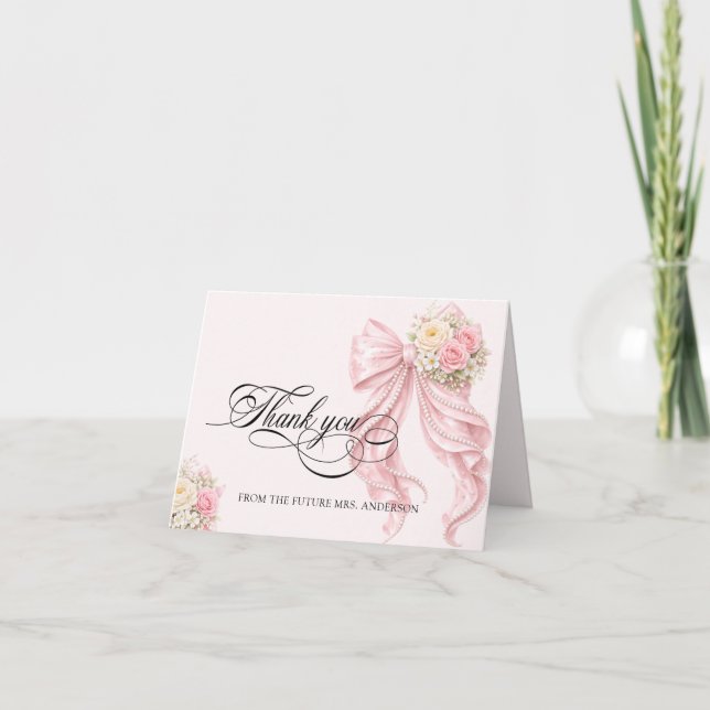Pink Bow Bridal Shower Thank You Card (Front)