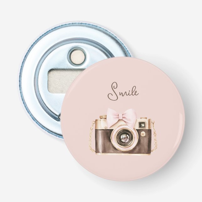 Pink Bow Brown Camera Smile Bottle Opener (Front)