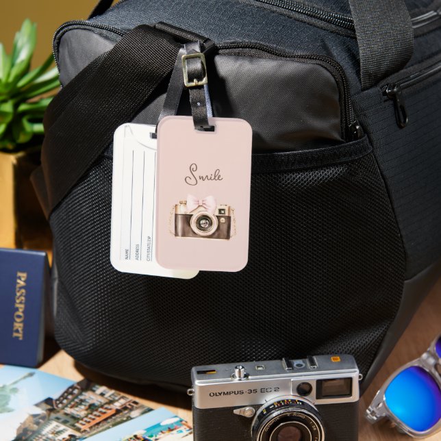 Pink Bow Brown Camera Smile Luggage Tag (Front & Back)