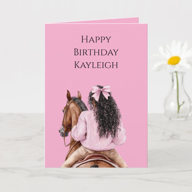 Pink Bow Brown Horse Black Hair Girl Birthday Card (Small Plant)
