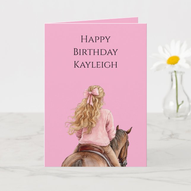 Pink Bow Brown Horse Girl Birthday Card (Small Plant)