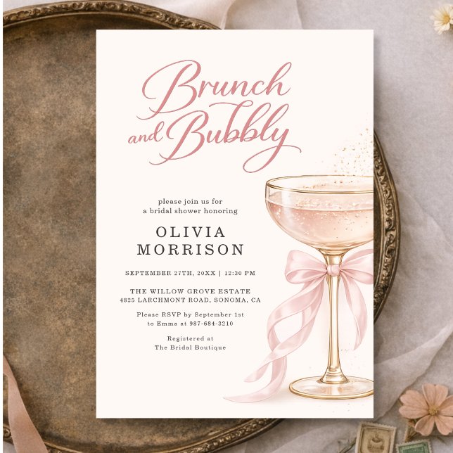 Pink Bow Brunch and Bubbly Bridal Shower Invitation (Creator Uploaded)