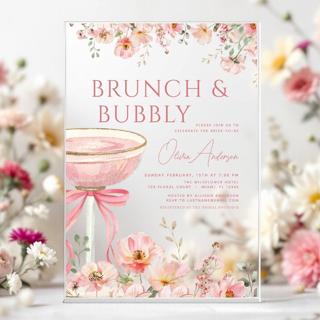 Pink Bow Brunch and Bubbly Champagne Bridal Shower Acrylic Invitations (Creator Uploaded)