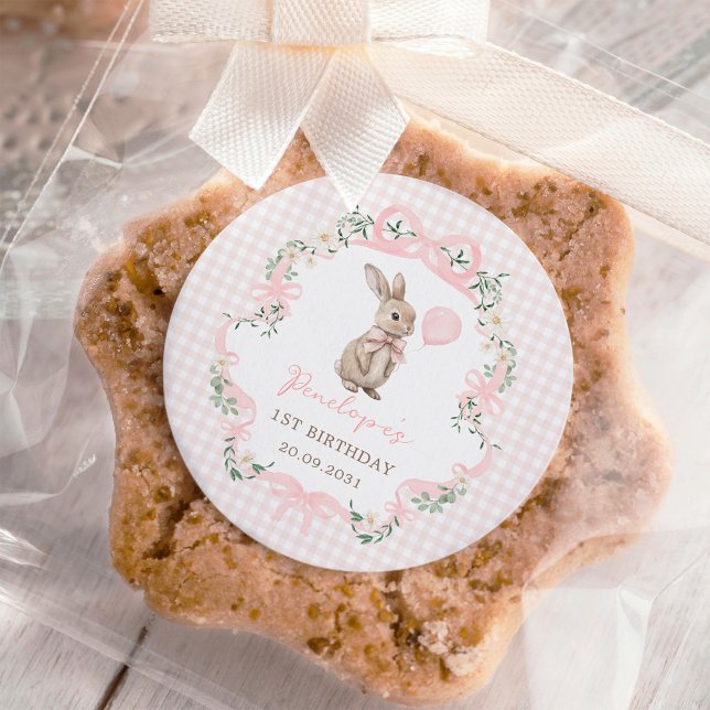 Pink Bow Bunny Balloon Girl Birthday Party Classic Round Sticker (Creator Uploaded)