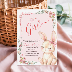 Pink Bow Bunny Gingham Floral Girl Baby Shower Invitation