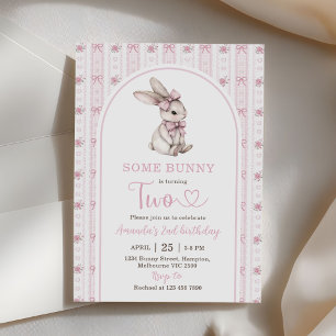 Pink Bow Bunny Vintage Rabbit 2nd Birthday Invitation