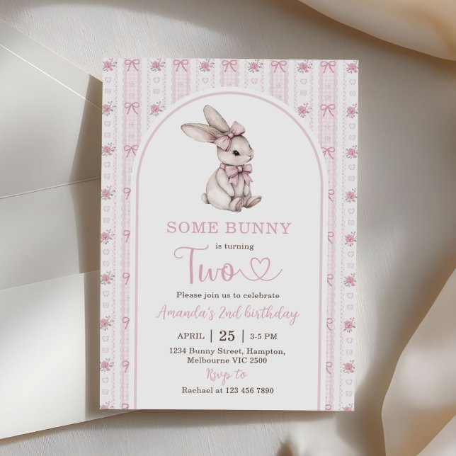 Pink Bow Bunny Vintage Rabbit 2nd Birthday Invitation (Creator Uploaded)