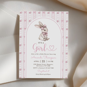 Pink Bow Bunny Vintage Rabbit Baby Shower Invitation