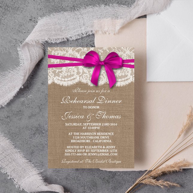 Pink Bow Burlap & Lace Wedding Rehearsal Dinner Invitation (Creator Uploaded)