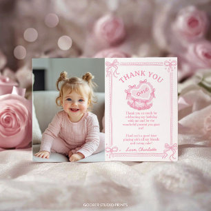 Pink Bow Cake Birthday Photo Thank You Card