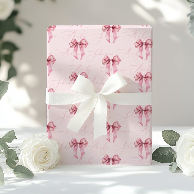 Pink Bow calligraphy modern Baby Shower Wrapping Paper (Creator Uploaded)