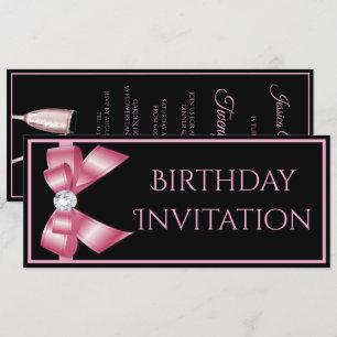 Pink Bow & Champagne Birthday Invitation