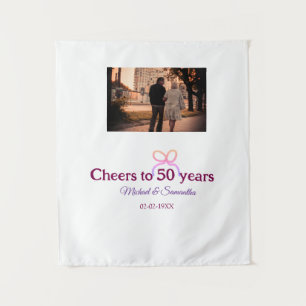 Pink bow cheers to 50 years anniversary wedding tapestry