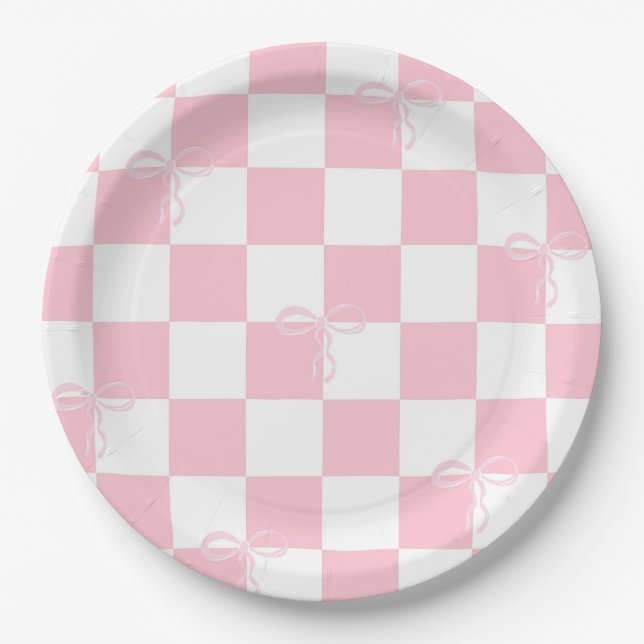 Pink Bow Chequered Girly Bachelorette Party  Paper Plate (Front)