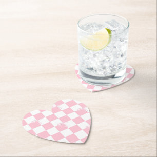 Pink Bow Chequered Girly Heart Shaped Paper Coaster