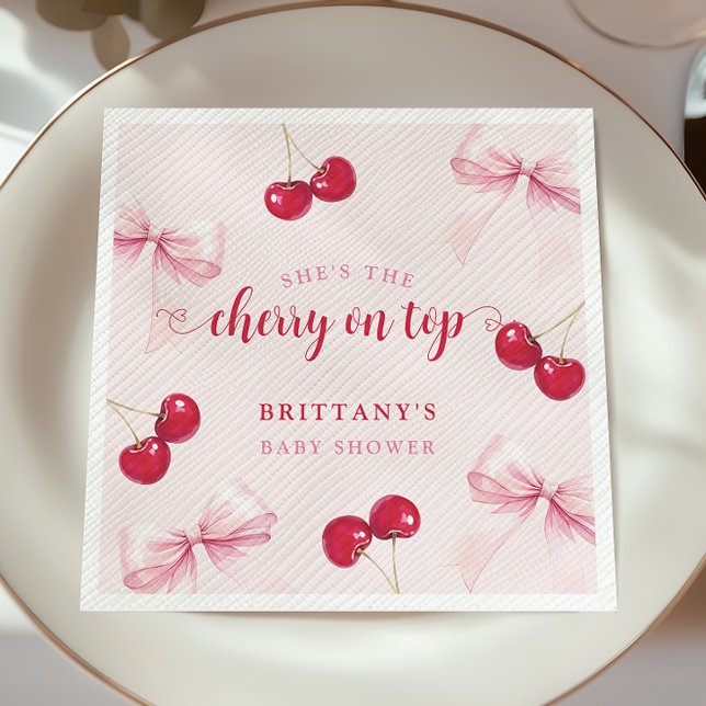 Pink Bow Cherry Baby Shower Napkins (Creator Uploaded)