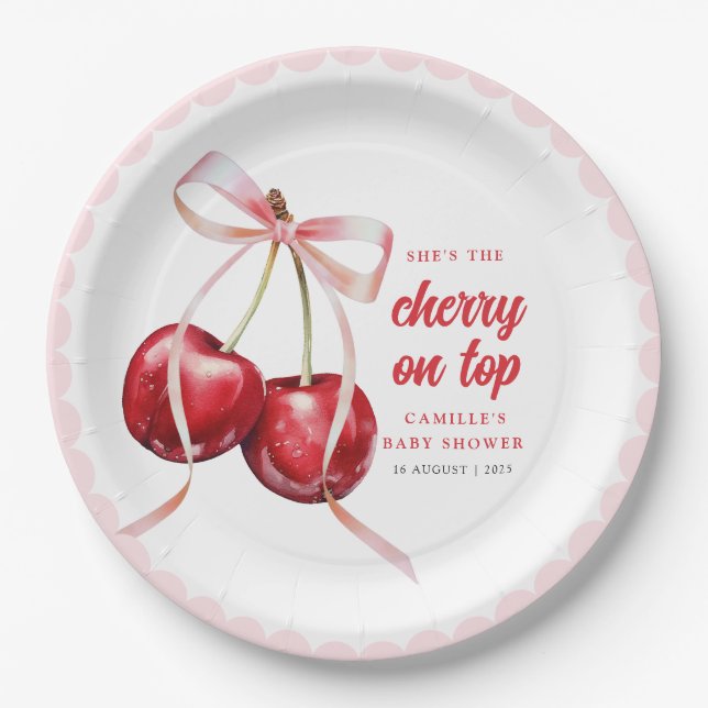 Pink Bow Cherry Baby Shower Paper Plate (Front)