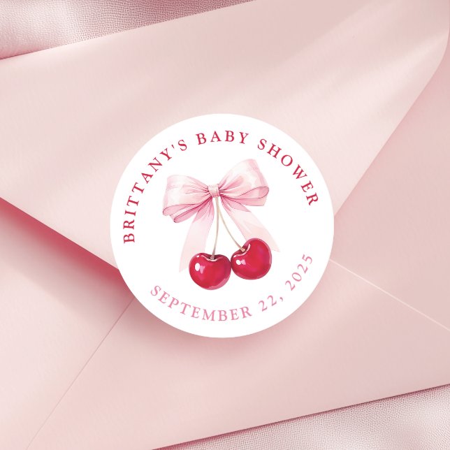 Pink Bow Cherry Baby Shower Round Stickers (Creator Uploaded)