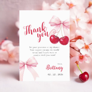 Pink Bow Cherry Baby Shower Thank You Card