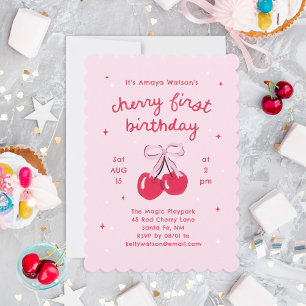 Pink Bow Cherry First Birthday Invitation