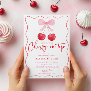 Pink Bow Cherry on Top Baby Shower Invitation
