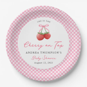 Pink Bow Cherry on Top Gingham Baby Shower Paper Plate
