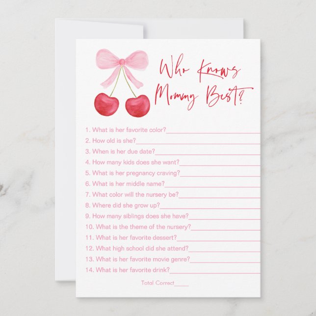 Pink Bow Cherry Who Knows Mummy Best Shower Game Invitation (Front)