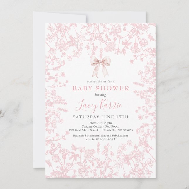 Pink Bow Chinoiserie floral baby Shower Invitation (Front)