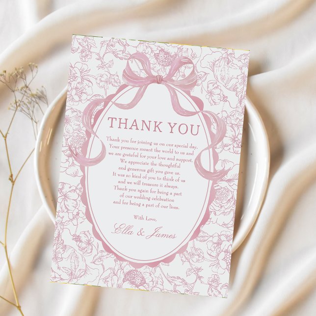 Pink Bow Chinoiserie Floral Wedding Thank You Card (Creator Uploaded)