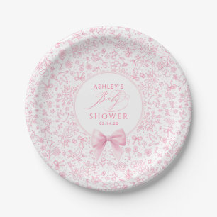 Pink Bow Chinoiserie Wildflowers Baby Shower  Paper Plate