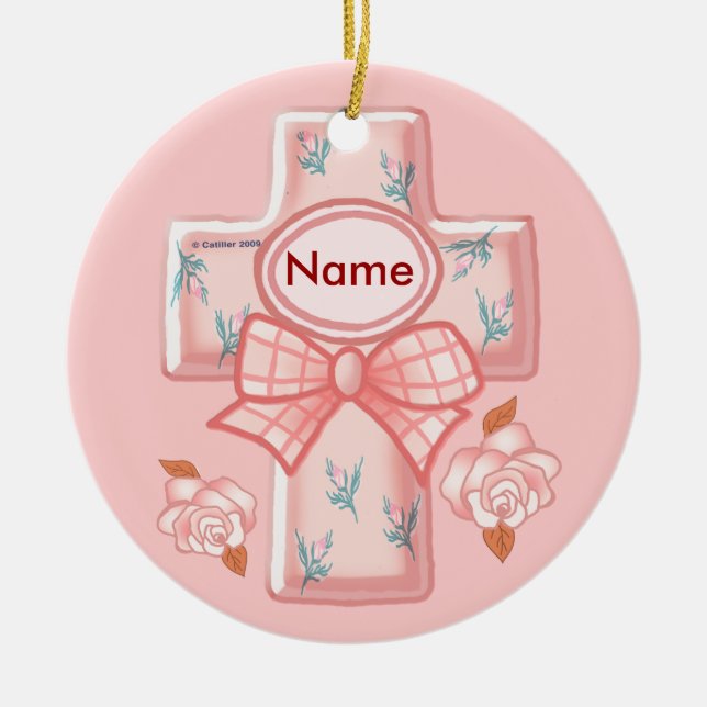 Pink Bow Christian Cross Ornament (Front)