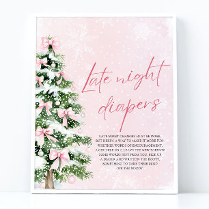 Pink Bow Christmas Baby Shower Late Night Diapers Poster