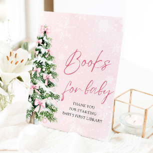 Pink Bow Christmas Tree Baby Shower Books for Baby Pedestal Sign