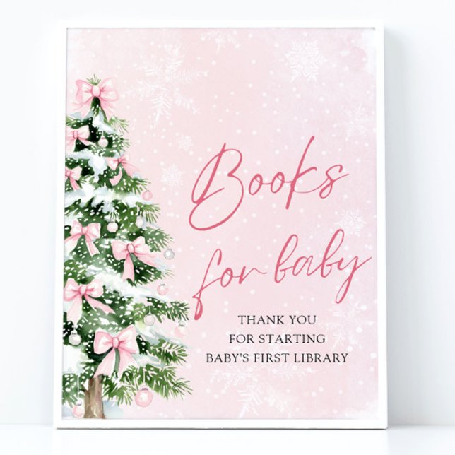 Pink Bow Christmas Tree Baby Shower Books for Baby Poster (Pink Bows Christmas Tree Baby Shower Books for Baby Sign )