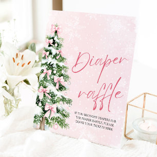 Pink Bow Christmas Tree Baby Shower Diaper Raffle Pedestal Sign