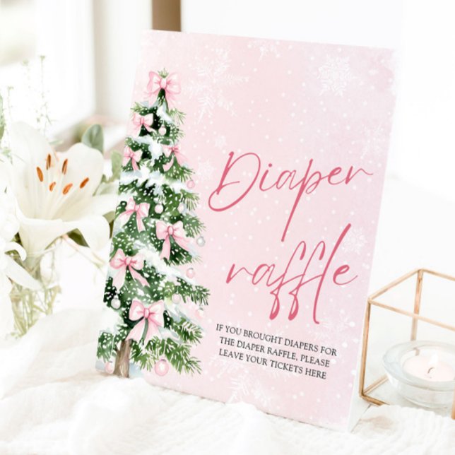 Pink Bow Christmas Tree Baby Shower Diaper Raffle  Pedestal Sign (Pink Bows Christmas Tree Baby Shower Diaper Raffle Pedestal Sign)