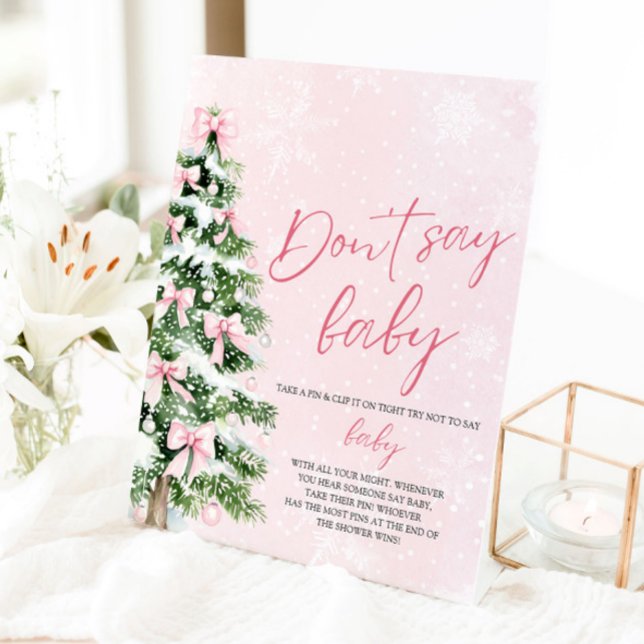 Pink Bow Christmas Tree Baby Shower Don't Say Baby Pedestal Sign (Pink Bows Christmas Tree Baby Shower Don't Say Baby Sign)