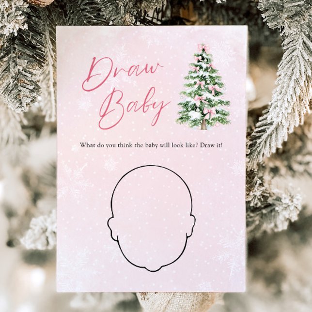 Pink Bow Christmas Tree Baby Shower Draw Baby Game Invitation (Pink Bow Christmas Tree Baby Shower Draw Baby Game)