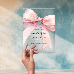 Pink bow clear Quinceanera Acrylic Invitations