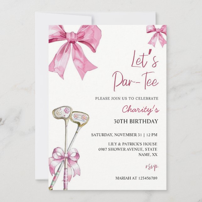 Pink Bow & Club Golf Birthday Invitation Let's Par (Front)