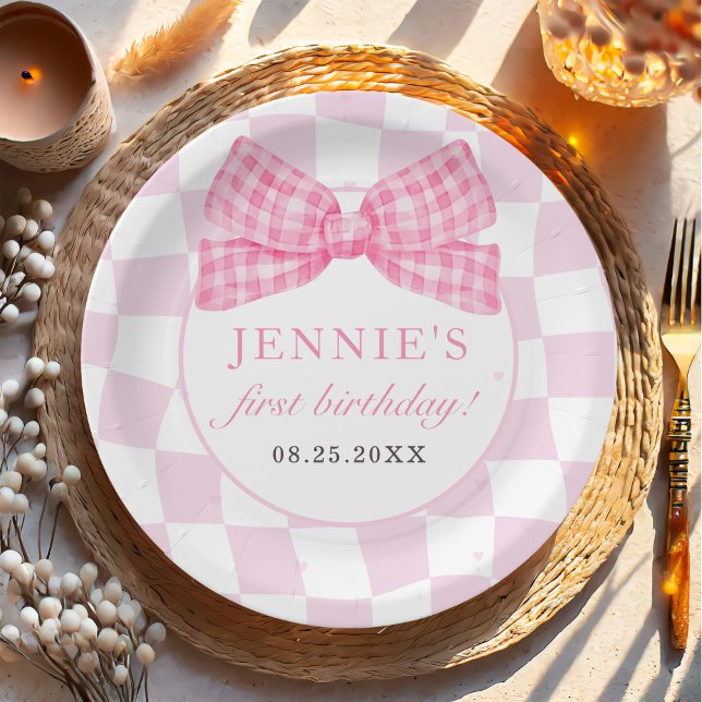 Pink Bow Coquette 1st Birthday Party Paper Plate (Creator Uploaded)