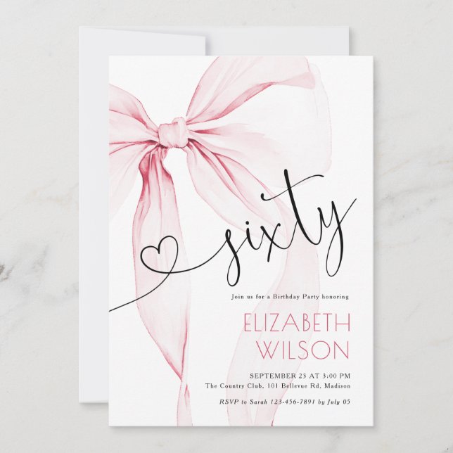 Pink Bow Coquette 60th Birthday Invitation (Front)