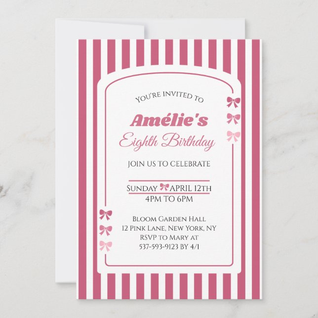 Pink Bow Coquette Aesthetic Girl Eighth Birthday Invitation (Front)