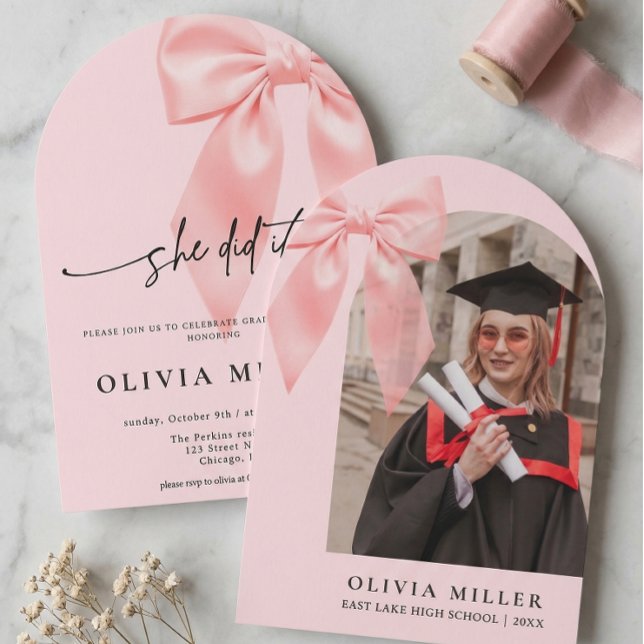 Pink Bow Coquette Arched Graduation Party Invitation (Creator Uploaded)